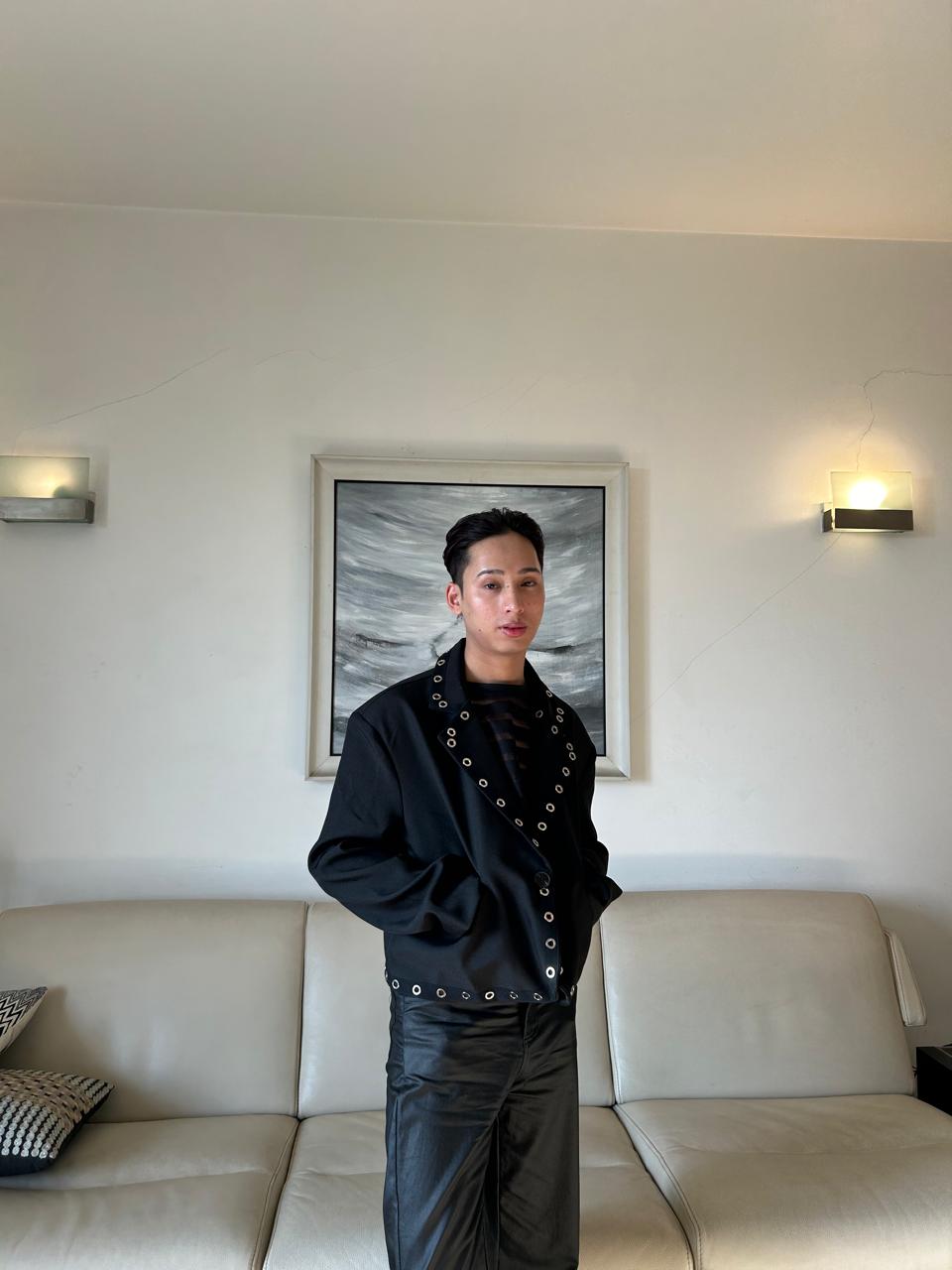 K-Drama Inspired CEO Edge - Power Dressing with a Rebel Twist : Cropped Black Blazer Jacket with Bold Eyelet Detailing – BASIC