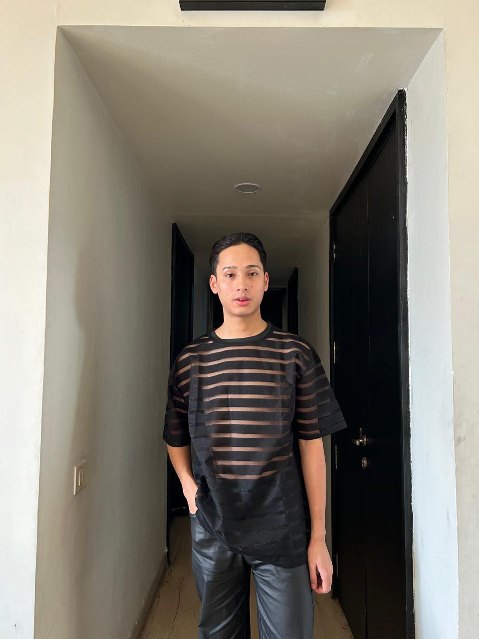 K-Drama Inspired Romantic Mystery : Black Sheer Striped Mesh Tee –  BASIC