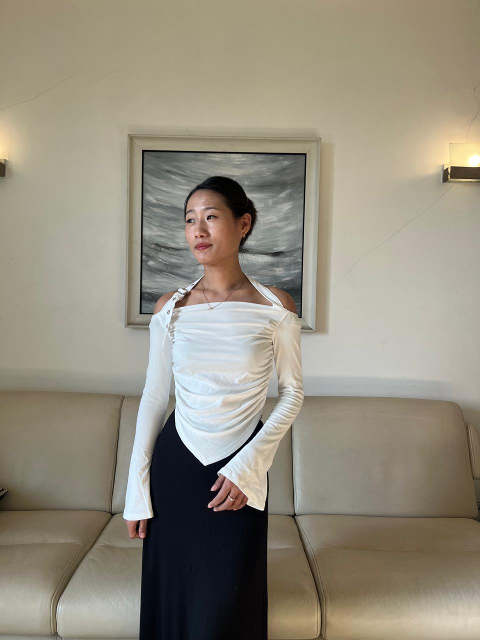 K-Drama-Inspired Urban Chic - Asymmetrical Off-Shoulder Belted Strap Top – BASIC