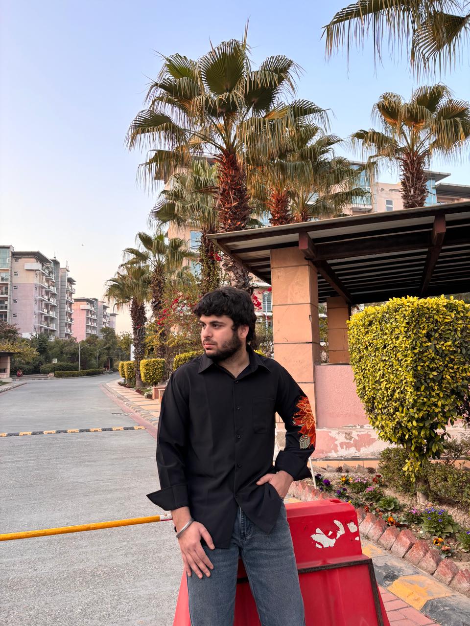 J-Drama Inspired Minimalist Elegance - Oversized Black Shirt with Floral Embroidered Sleeve Patch – BASIC