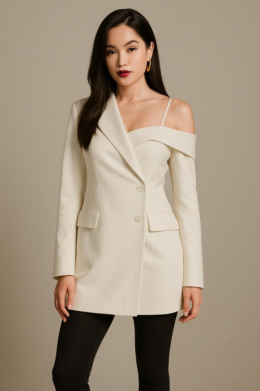 K-Drama CEO Inspired Asymmetrical Elegance: The One-Shoulder Blazer Dress - BASIC