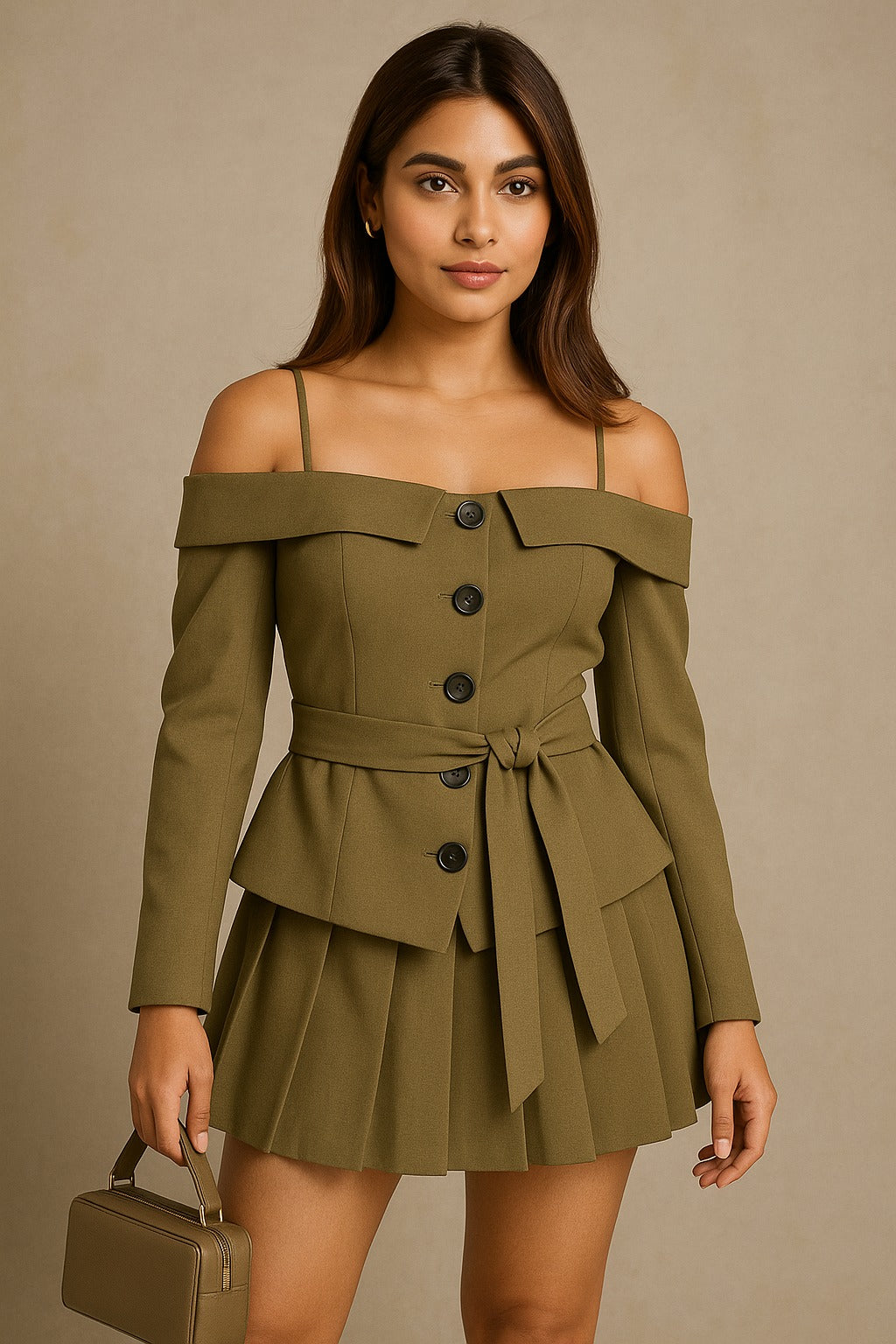 K-Drama CEO-Inspired Power Ensemble -  Khaki Off-Shoulder Blazer Top with Pleated Skirt – BASIC