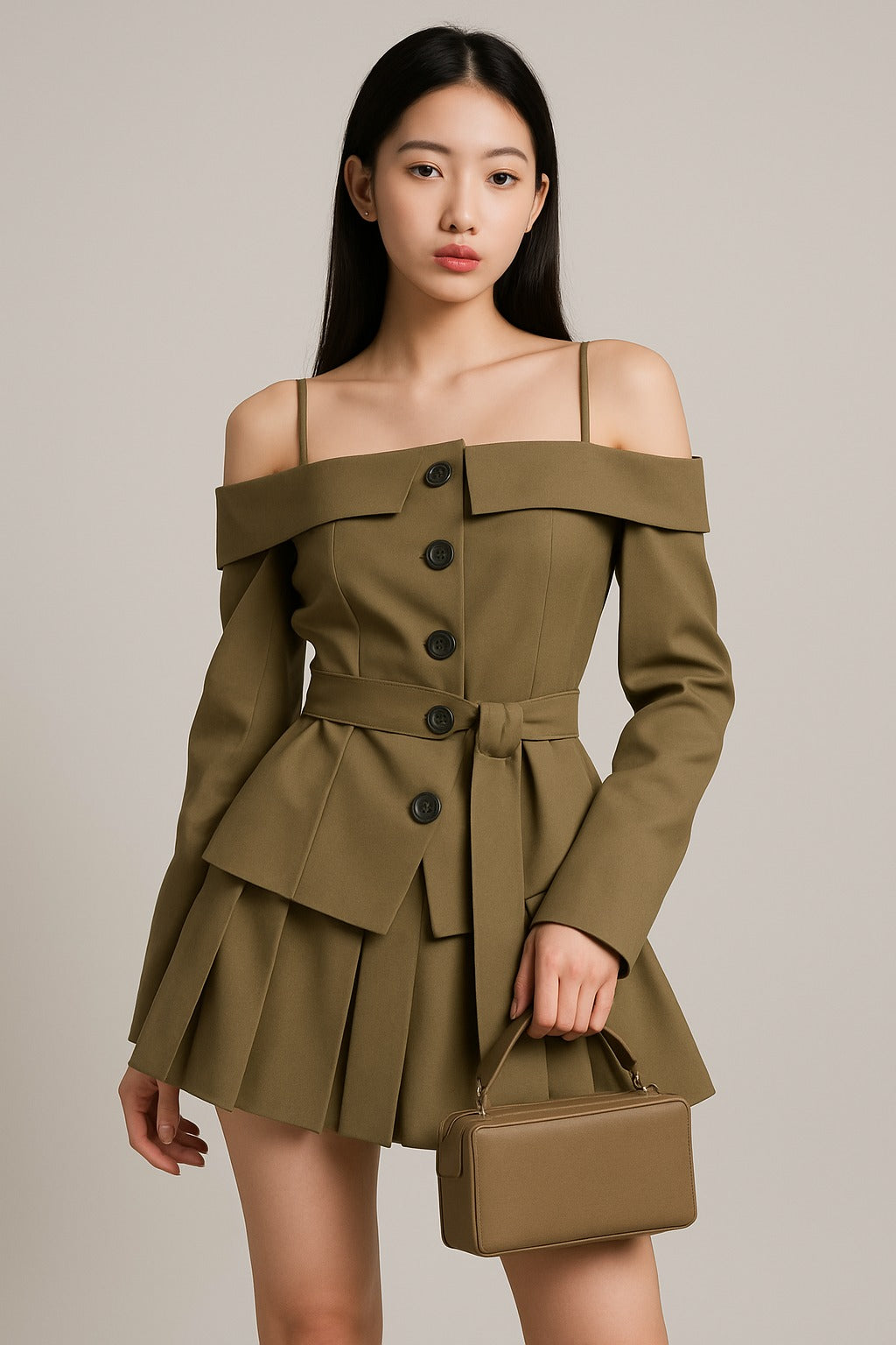 K-Drama CEO-Inspired Power Ensemble -  Khaki Off-Shoulder Blazer Top with Pleated Skirt – BASIC