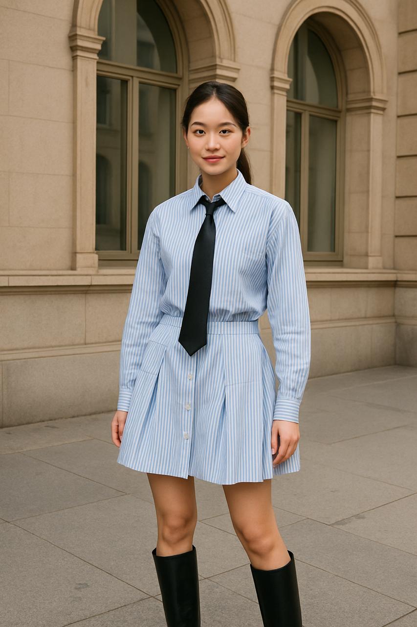 K-Drama Inspired Elegant Street Style - Chic Striped Shirt Dress with Flared Hem – BASIC