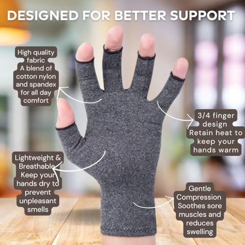 Ion Clad Scientist Developed Open-fingertip ¾ Arthritis Compression Gloves for Men & Women | Ideal for Arthritis Hand Pain Relief | Carpal Tunnel (Grey)