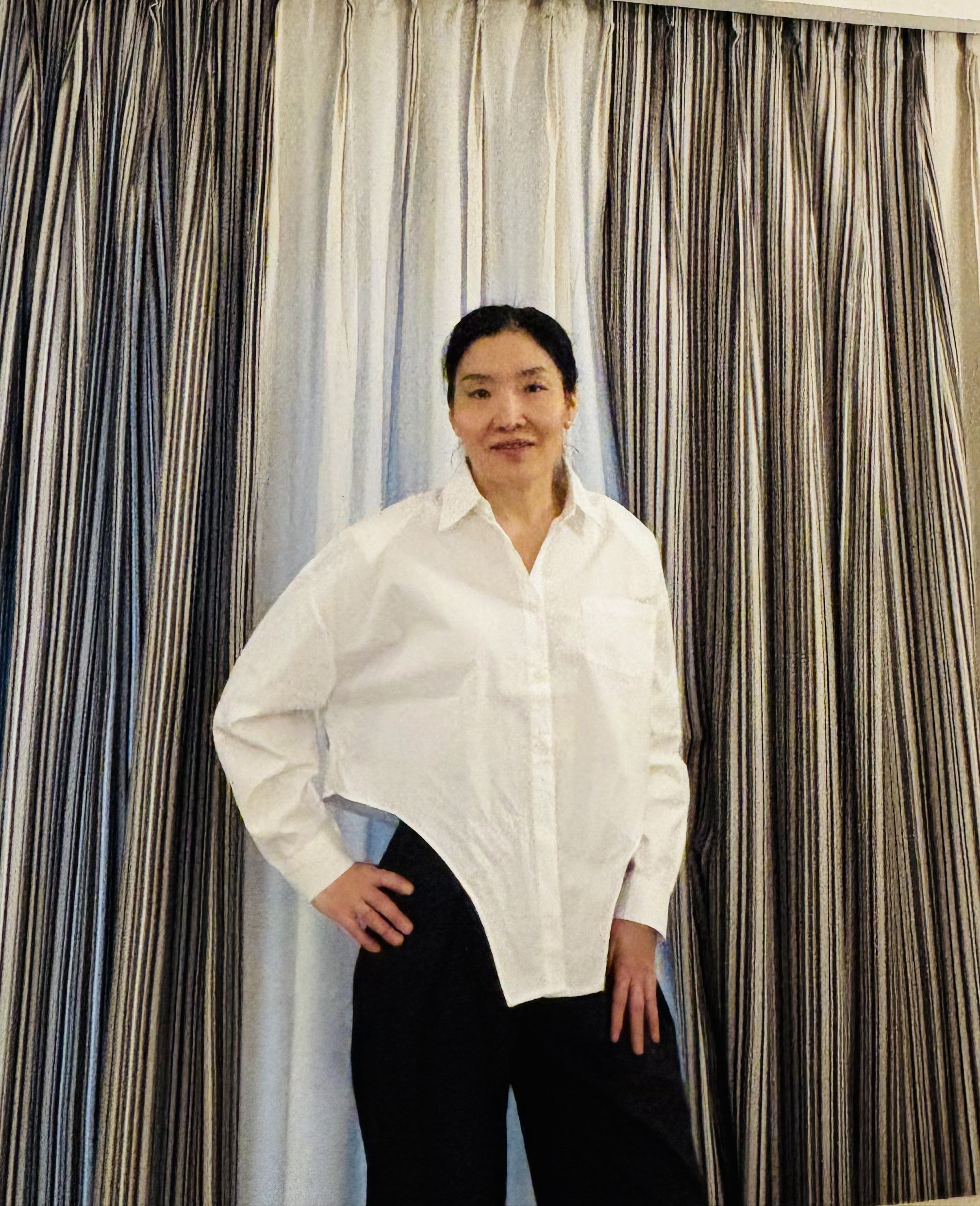 K-Pop inspired Mandarin Collar Asymmetrical Hem Shirt with Piping Hem - BASIC