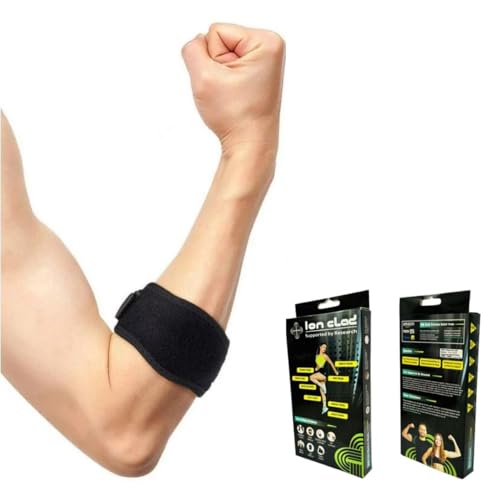 Ion Clad Scientist Developed Tennis Elbow strap & Golfer's brace for Arm Pain Pressure Relief, Adjustable Compression Fit Support Pad for Tendonitis Arthritis, Sports, Weightlifting, Injury Recovery Men Women (single)