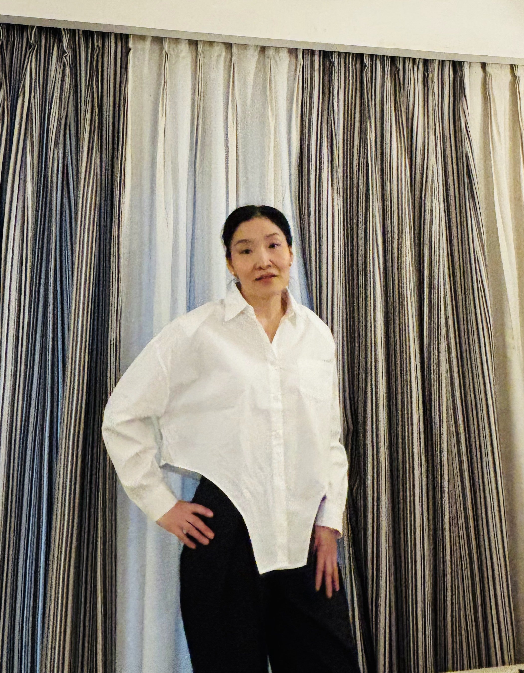 K-Pop inspired Mandarin Collar Asymmetrical Hem Shirt with Piping Hem - BASIC