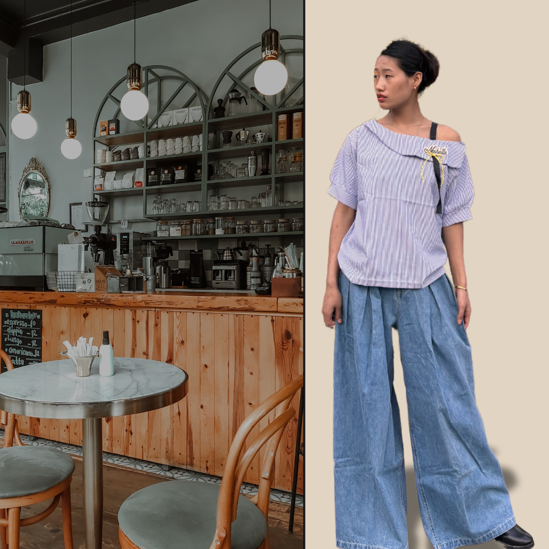 C-Drama Inspired Starlight Chic Top - Asymmetrical Stripes with Ribbon Strap Detail - BASIC