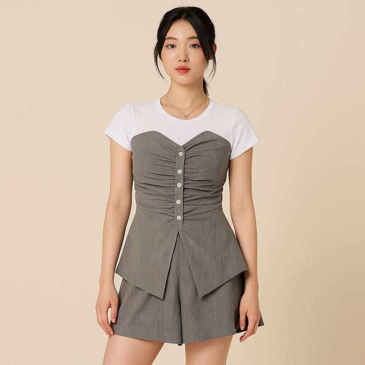 K-Drama & K-Pop Street Inspired Co-ord Set - Gathered Monochrome Corset-Style Peplum Set with Structured Detailing BASIC