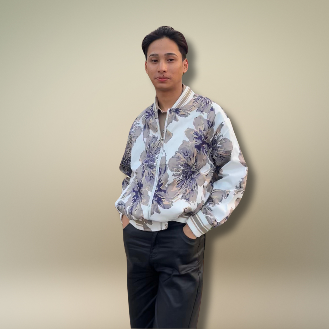 K-Drama Inspired Street-Style Statement : Luxe Floral Bomber Jacket with Monochrome Petal Print –  BASIC