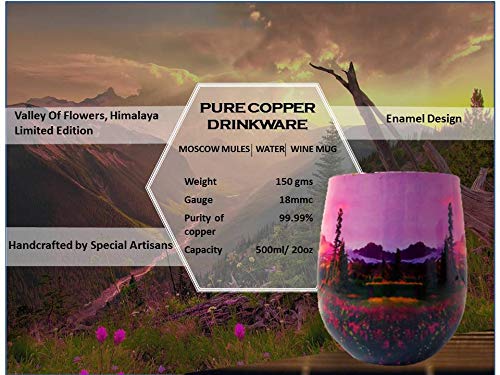 Ion Clad Scientist Developed Anti-Microbial Copper Tumbler, Handcrafted and Enamel Designed, Stemless, Plastic Free, Seamless and Joint Free(500ml) Valley of Flowers,Himalaya Limited Edition